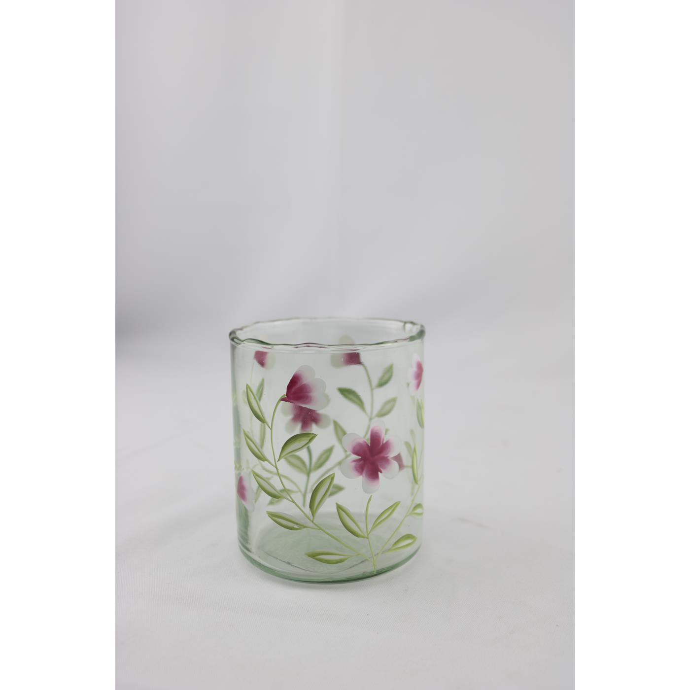 Windlicht glas met roze bloemen 9x9x11cm